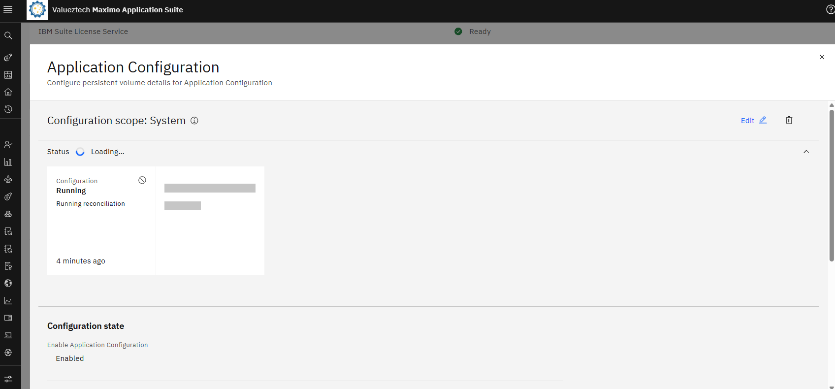 MAS Application Configuration panel stuck on a Loading spinner with status Running reconciliation while the Suite reports Ready